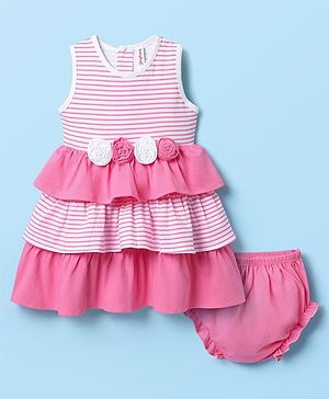 Babyhug Single Jersey Knit Sleeveless Layered Frock With Bloomer & Floral Applique - Pink