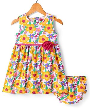 Babyhug Single Jersey Knit Floral Printed Sleeveless Frock with Bloomer & Floral Applique - Yellow