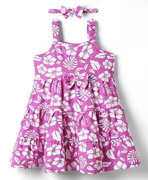 Babyhug Single Jersey Knit Sleeveless Floral Printed Frock with Headband & Bow Applique - Plum