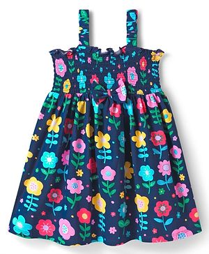 Babyhug Single Jersey Knit Sleeveless Frock with Floral Print & Bow Applique - Navy Blue