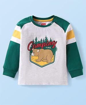 Babyhug Cotton Knit Full  Raglan Sleeves T-Shirt with Bear Print - Grey & Green