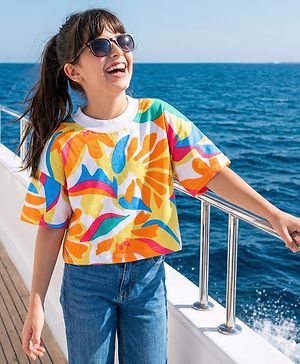 Pine Kids Cotton Knit Half Sleeves Over Sized Top with Tropical Theme Print - White
