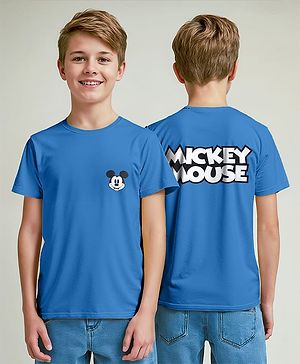 Pine Kids Disney Single Jersey Knit Half Sleeve Drop Shoulder T-Shirt With Front & Back Mickey Mouse Graphic And Badge Detailing - Blue