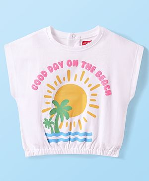Babyhug Cotton Knit Half Sleeves T-Shirt with Beach Theme Print - White