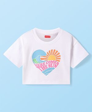 Babyhug Cotton Knit Half Sleeves Drop Shoulder T-Shirt With Here Comes The Sun Text Print - White