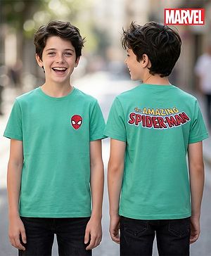 Pine Kids Marvel Single Jersey Knit Half Drop Shoulder Sleeves T-Shirt with Spider Man Graphics & Badge Detailing - Mint