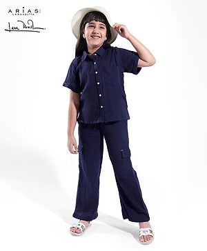 Arias Cotton Woven Double Gauze Half Sleeve Solid Shirt & Pant Set - Navy Blue