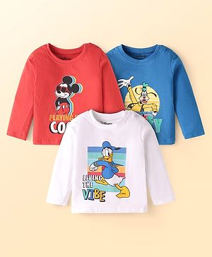 Babyhug Disney Cotton Knit Full Sleeves T-Shirts with Mickey Mouse & Friends Graphics Pack of 3 - Red Blue & White