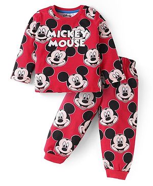 Babyhug Disney Single Jersey Knit Full Sleeves Night Suit With Mickey Mouse Print - Red