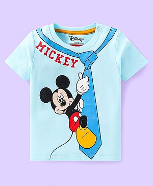 Babyhug Disney Single Jersey Knit Half Sleeves T-Shirt with Mickey Mouse Graphic - Light Blue