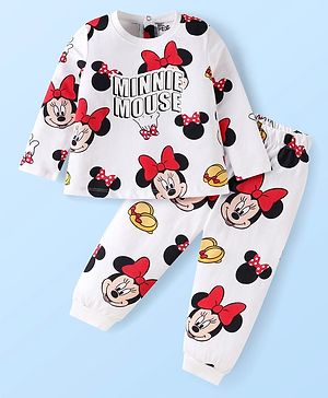 Babyhug Disney Single Jersey Knit Full Sleeves Nightsuit With Minnie Mouse Print - White & Red