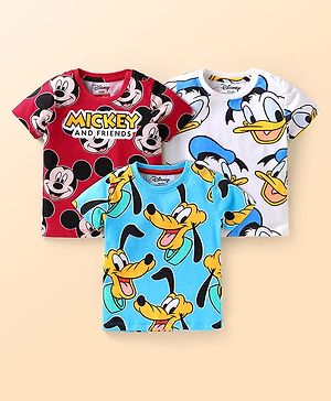 Babyhug Disney Single Jersey Knit Half Sleeves T-Shirt with Mickey & Friends Graphic Pack of 3 - Red White & Light Blue