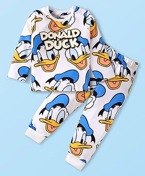 Babyhug Disney Single Jersey Knit Full Sleeves Night Suit With Donald Duck Print - White