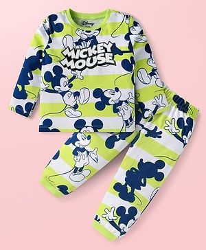 Babyhug Disney Single Jersey Knit Full Sleeves Night Suit With Mickey Mouse Print - Green & White