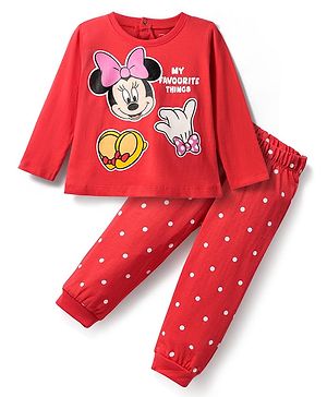 Babyhug Disney Single Jersey Knit Full Sleeves Night Suit with Minnie Mouse Graphics - Red