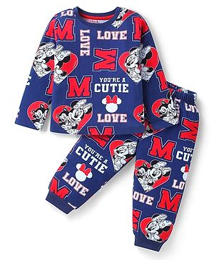 Babyhug Disney Single Jersey Knit Full Sleeves Co-ords Night Suit with Minnie Mouse Graphics - Navy Blue