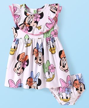 Babyhug Disney Single Jersey Knit Frill Sleeves Minnie & Friends Printed Frock with Bloomer & Frill Detailing - White