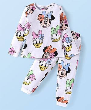 Babyhug Disney Single Jersey Knit Full Sleeves Night Suit with Mickey Minnie & Friends Graphics - White