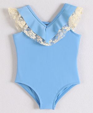 Babyhug Sleeveless V Cut Swimsuit with Frill Detailing - Light Blue