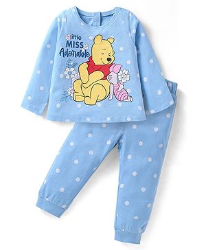 Babyhug Disney Single Jersey Knit Full Sleeves Night Suit with Winnie the Pooh Graphics - Light Blue
