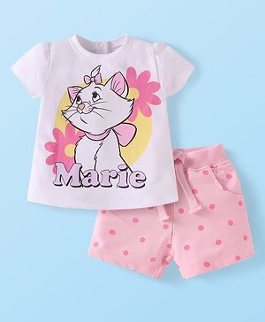 Babyhug Disney Single Jersey Knit Half Sleeves T-Shirt & Shorts Set with Marie Graphics - Pink & White