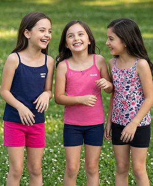 Pine Kids Knit Singlet Slips With Floral Print Pack of 3 - Navy Blue Pink & White