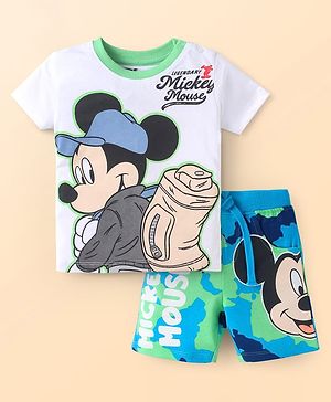Babyhug Disney Single Jersey Knit Half Sleeves T-Shirt & Shorts Set With Mickey Mouse & Camouflage Graphics - White & Blue