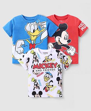 Babyhug Disney Single Jersey Knit Half Sleeves  T-Shirts With Mickey Mouse Graphics Pack Of 3 - Red White & Blue