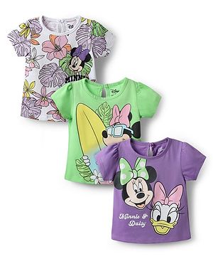 Babyhug Disney Single Jersey Knit Half Sleeves T-Shirts with Minnie Mouse Graphics Pack of 3 - White Light Green & Purple