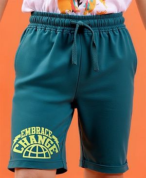 Pine Kids Looper Knit Above Knee Length Shorts With Text Print - Teal Blue
