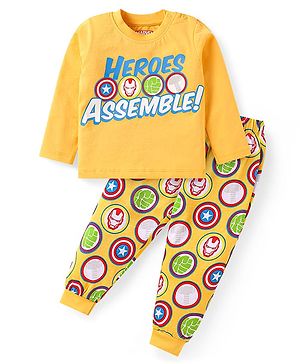 Babyhug Marvel Single Jersey Knit Full Sleeves Night Suit With Avengers Graphics - Yellow