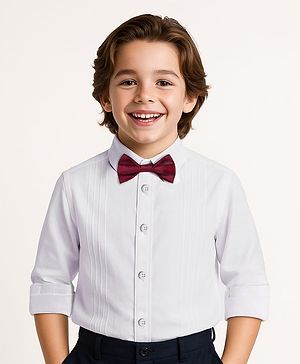 Pine Kids Cotton Woven Full Sleeves Party Shirt Solid Colour With Bow - White