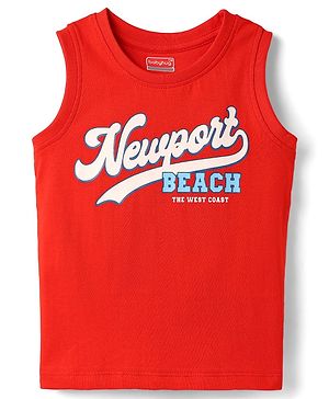 Babyhug Cotton Knit Sleeveless Tank T-Shirt With Newport Beach Text Print - Red