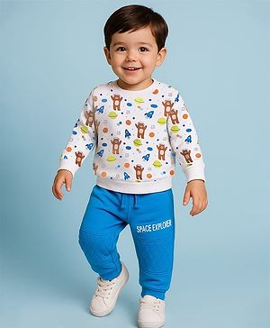Babyhug Terry Knit Full Sleeves T-Shirt & Lounge Pant Set With Space Theme Print - White & Blue