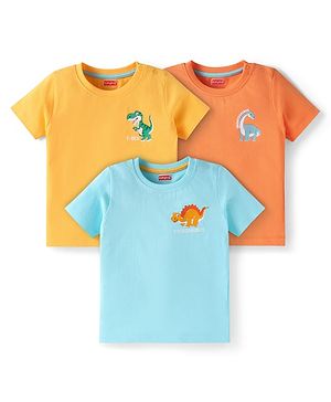 Babyhug Cotton Knit Half Sleeves T-Shirts With Dino Print Pack of 3 - Light Blue Yellow & Orange