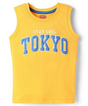 Babyhug Cotton Knit Sleeveless Tank T-Shirt With Tokyo Text Print - Yellow