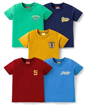 Babyhug Cotton Knit Half Sleeves T-Shirts with Nyc Text Print Pack of 5 - Navy Blue & Dark Red
