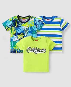 Babyhug Cotton Knit Half Sleeves T-Shirts with Beach Theme Print & Stripes Pack of 3 - Blue & Neon Green