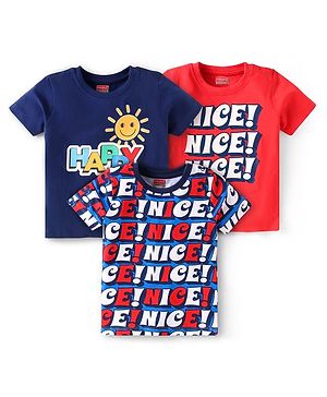 Babyhug Cotton Knit Half Sleeves T-Shirt with Happy & Nice Text Print Pack Of 3 - Navy Blue & Red