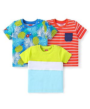 Babyhug Cotton Knit Half Sleeves T-Shirts With Stripes & Tropical Print Pack Of 3 - Red & Blue