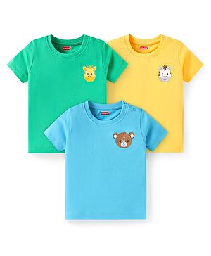 Babyhug Cotton Knit Half Sleeves T-Shirts With Animal Print Pack of 3 - Light Green Yellow & LIght Blue