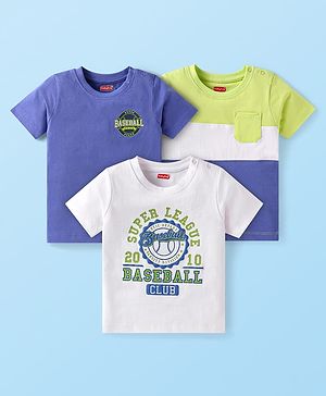 Babyhug Cotton Knit Half Sleeves T-Shirts With Sport Theme Print Pack Of 3 - Blue & White