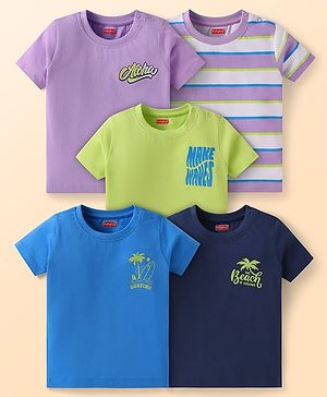 Babyhug Cotton Knit Half Sleeves T- Shirts With Stripes & The Beach Calling Text Print Pack Of 5 - Lilac Navy Blue & Green