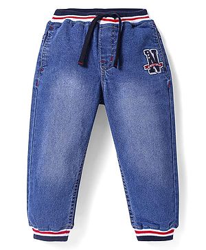 Babyhug Full Length Washed Denim Joggers With Stretch & Patch Detailing - Black