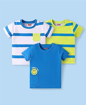 Babyhug Cotton Knit Half Sleeves T-Shirts With Stripes Pack Of 3 - White & Blue
