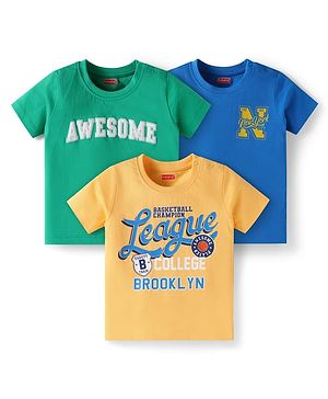 Babyhug Cotton Knit Half Sleeves T-Shirts With Text Print Pack of 3 - Yellow Blue & Green