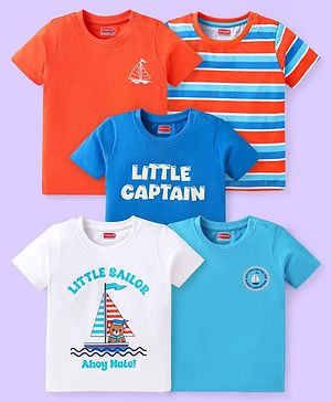 Babyhug Cotton Knit Half Sleeves T-Shirts with Nautical Theme Print & Stripes Pack of 5 - Multicolor