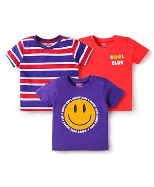Babyhug Cotton Knit Half Sleeves T-Shirts with Stripes & Smiley Graphics Pack of 3 - Purple & Red
