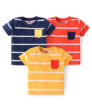 Babyhug Cotton Knit Half Sleeves T-Shirts With Stripes Pack of 3 - Orange Yellow & Navy Blue