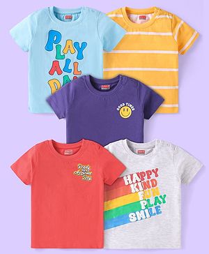 Babyhug Cotton Knit Half Sleeves  T-Shirts with Stripes & Text Print Pack of 5 - Blue Red & Yellow